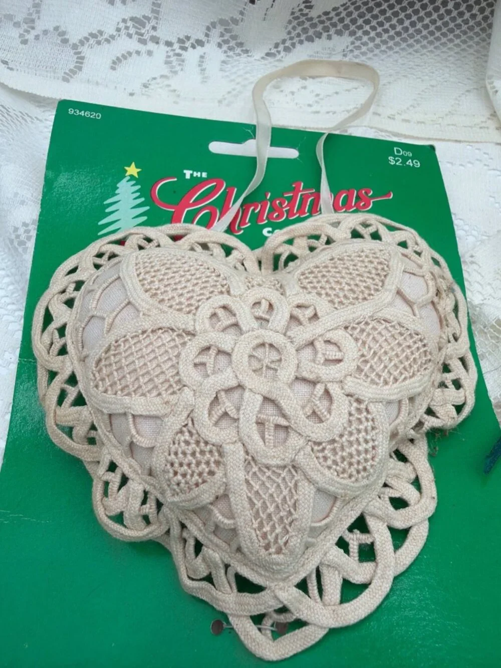 Vintage Lace Heart & Crochet Bell Christmas Ornaments Glass Icicle Accent Set Of